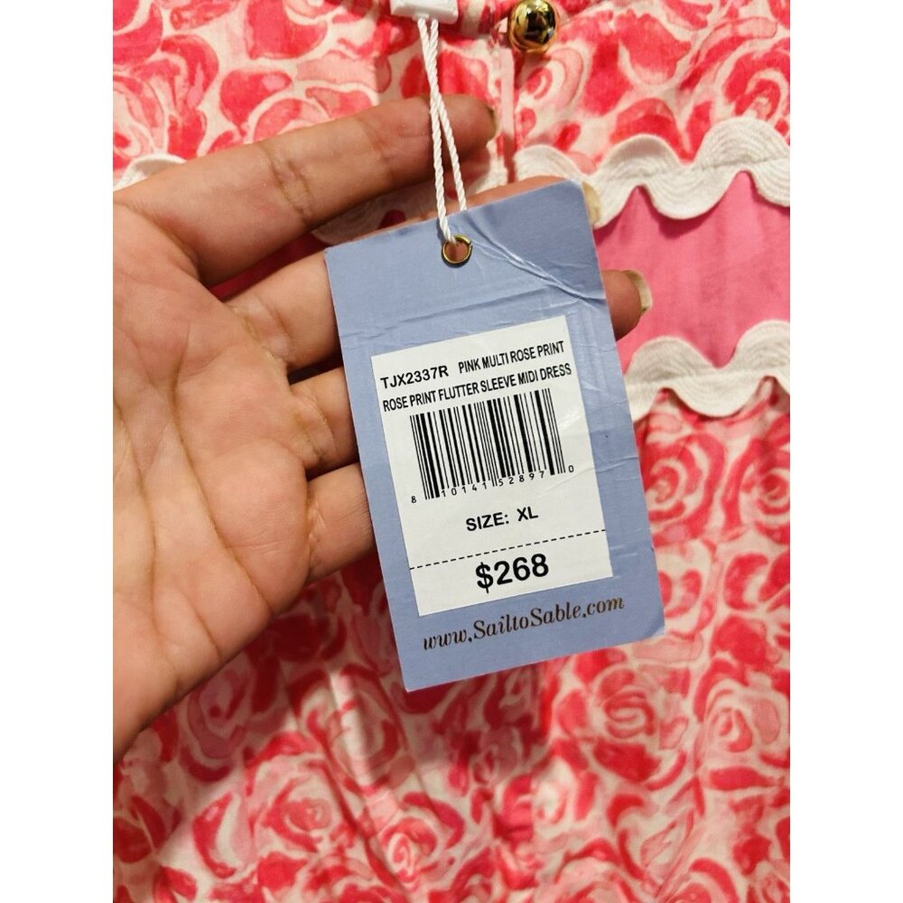 Sail to Sable STS Rose Print Flutter Sleeve Midi Dress Pink White | Size XL NWT - Picture 4 of 16
